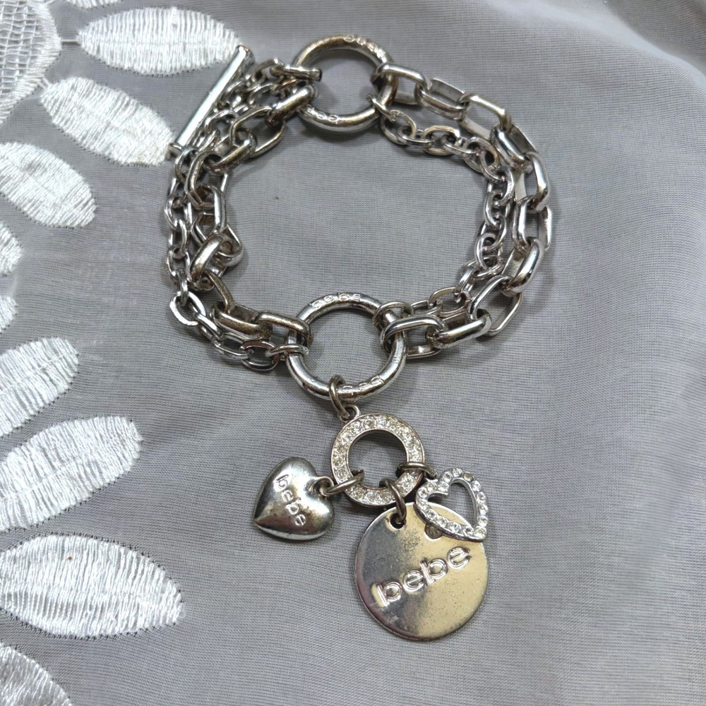 Y2K Mcbling Bebe Silver Tone Double Chain Charm Bracelet Heart Logo Rhinestone